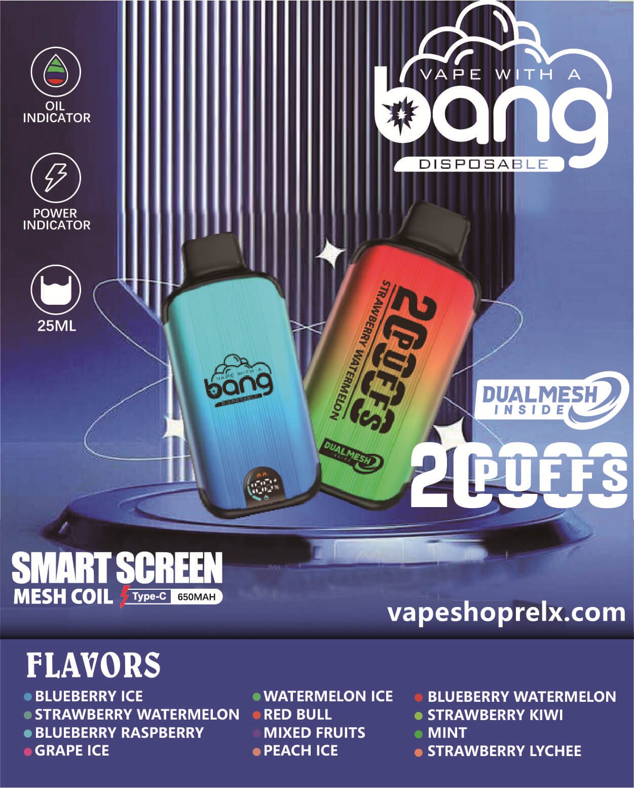 BANG DUALMESH 20000 Puffs一次性拋棄式電子煙｜LED顯示屏持久續航可充電-1
